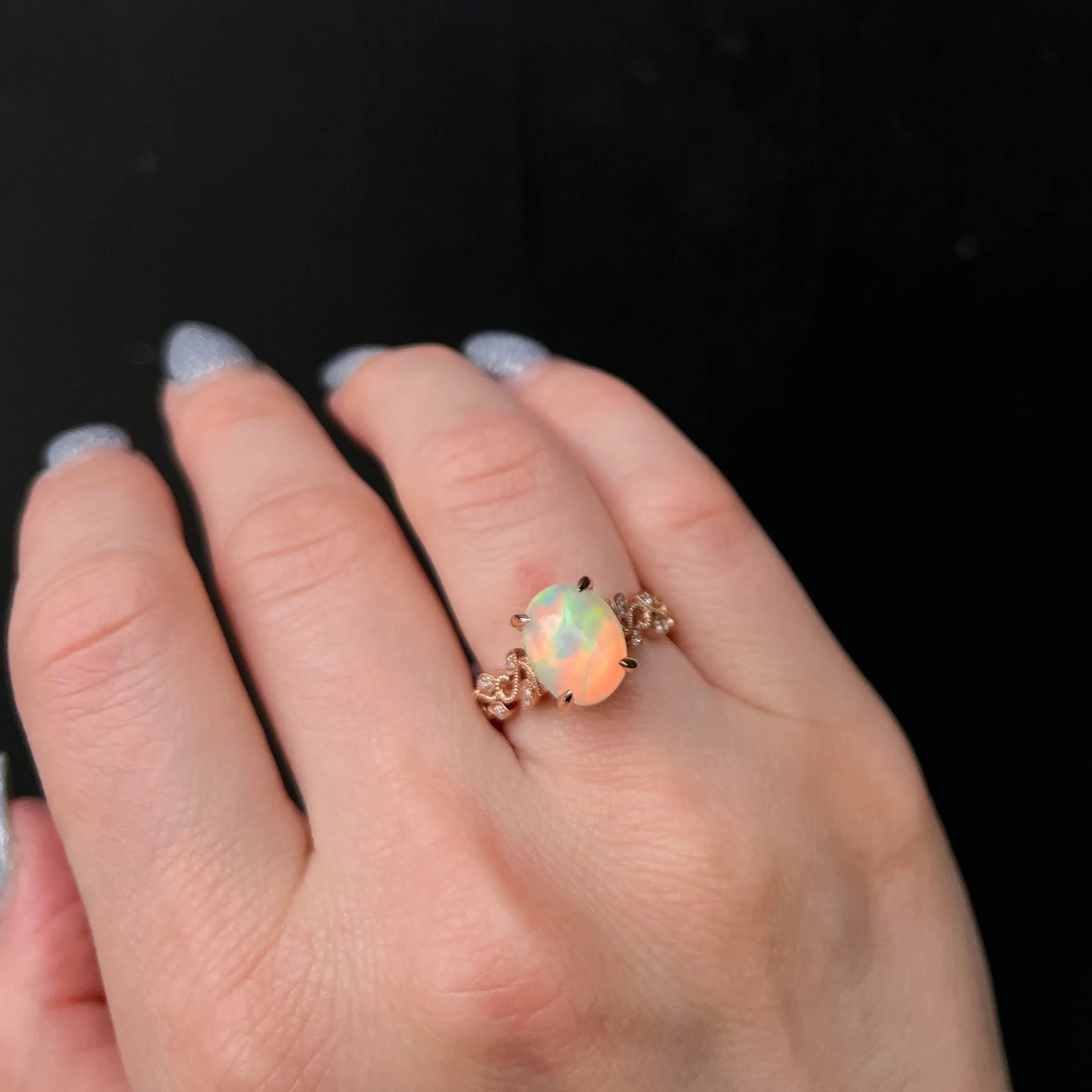 14K Rose Gold 2.91 Carat Opal and Diamond Ring