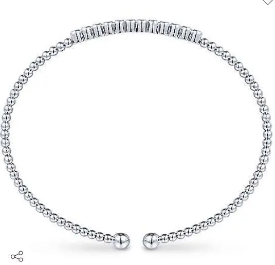 14K White Gold Bujukan Bead Cuff Bracelet with Bezel Set Diamond Stations