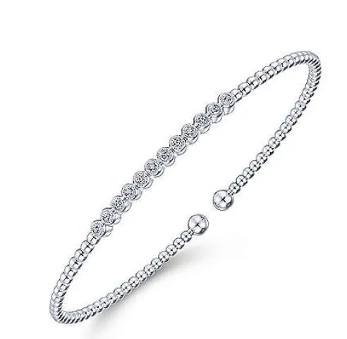 14K White Gold Bujukan Bead Cuff Bracelet with Bezel Set Diamond Stations