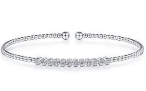 14K White Gold Bujukan Bead Cuff Bracelet with Bezel Set Diamond Stations