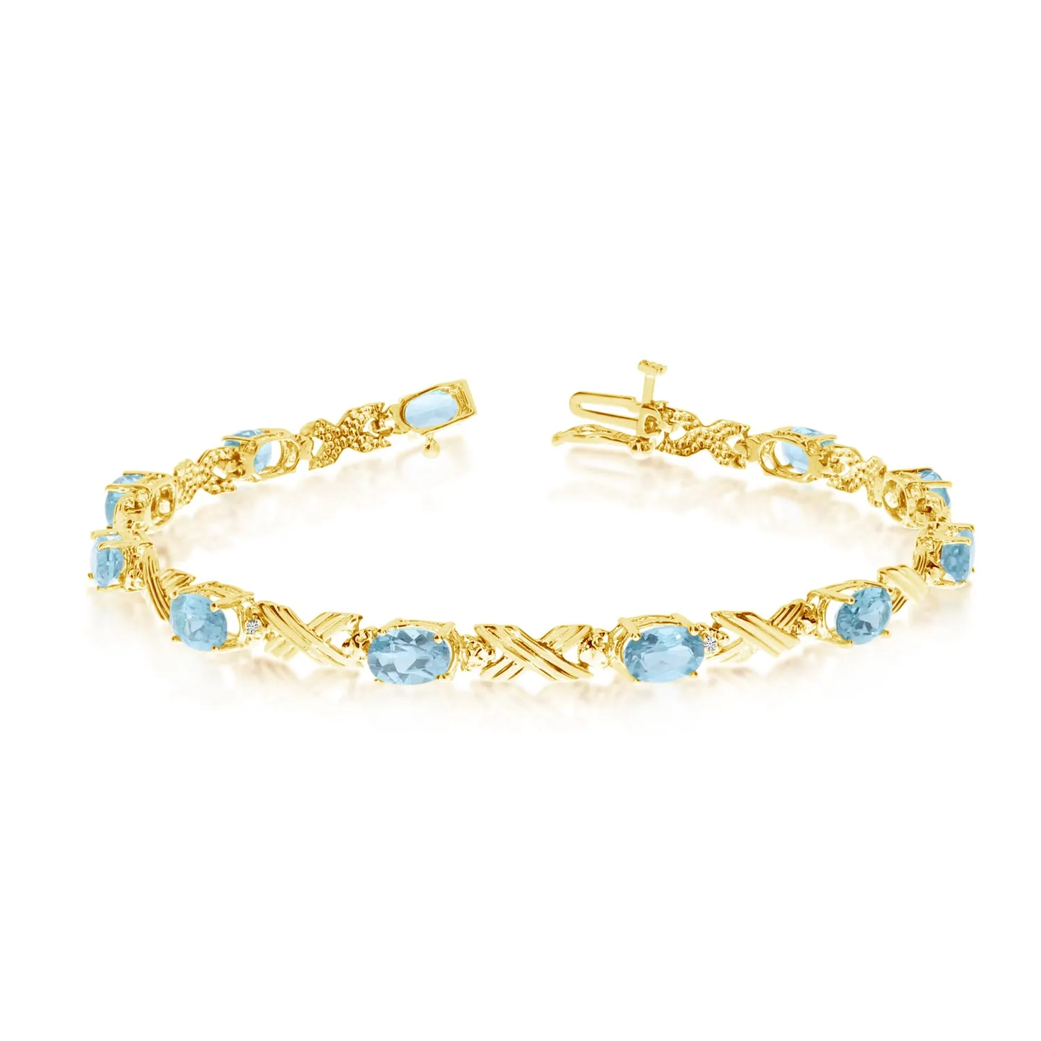 14K Yellow Gold Oval Aquamarine Stones And Diamonds Tennis Bracelet, 7"