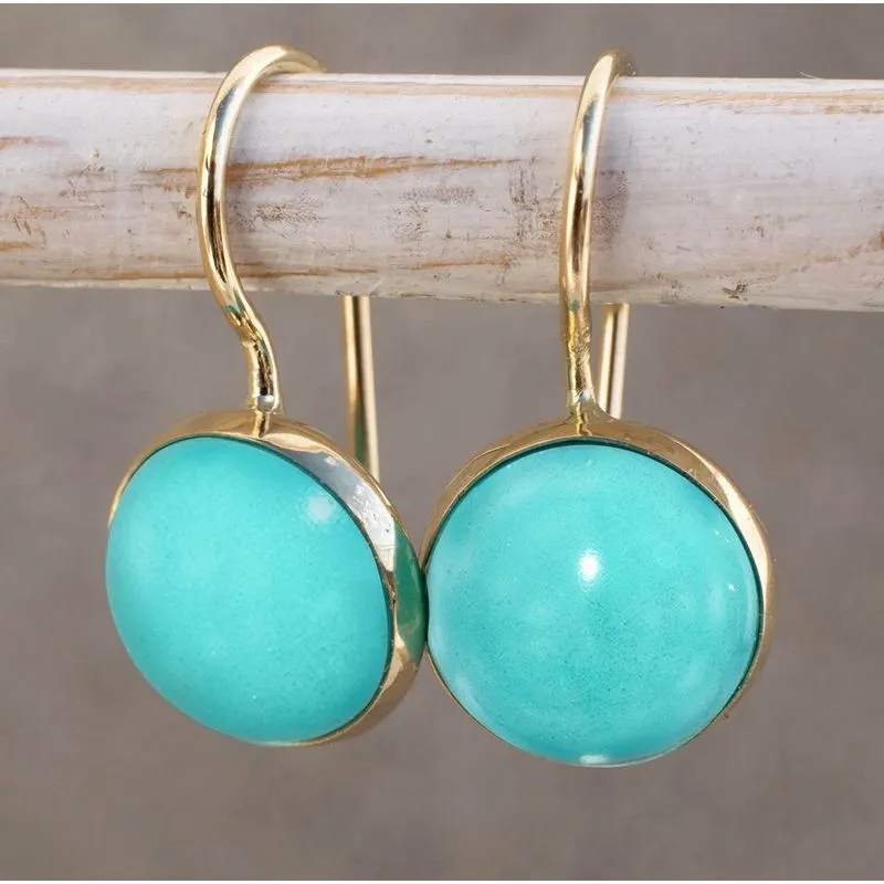 14K Yellow Gold Round Turquoise 8mm Dangle Earrings