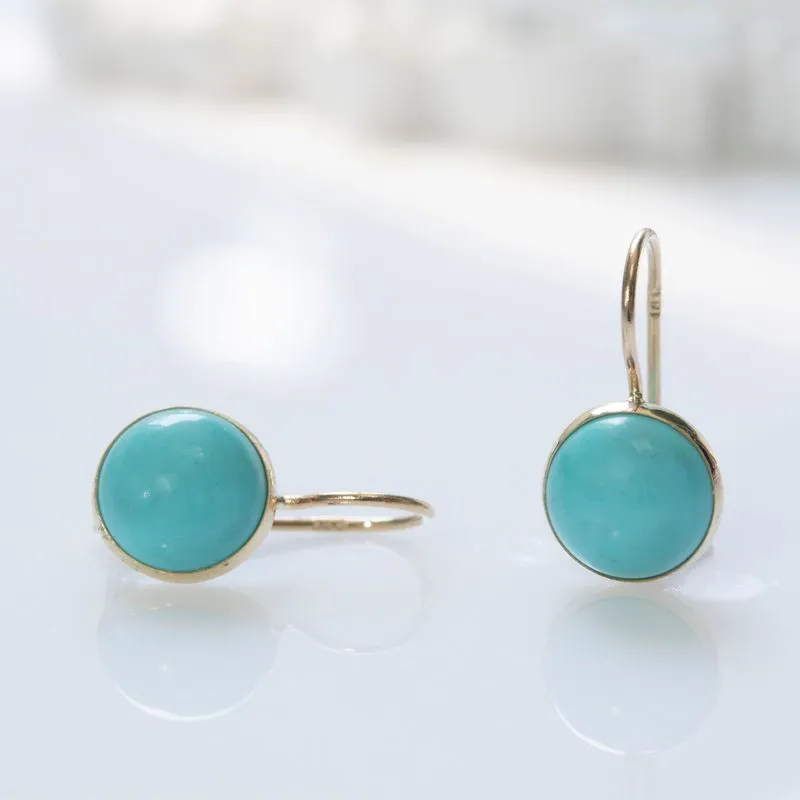 14K Yellow Gold Round Turquoise 8mm Dangle Earrings