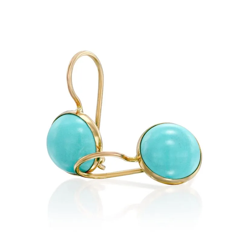 14K Yellow Gold Round Turquoise 8mm Dangle Earrings