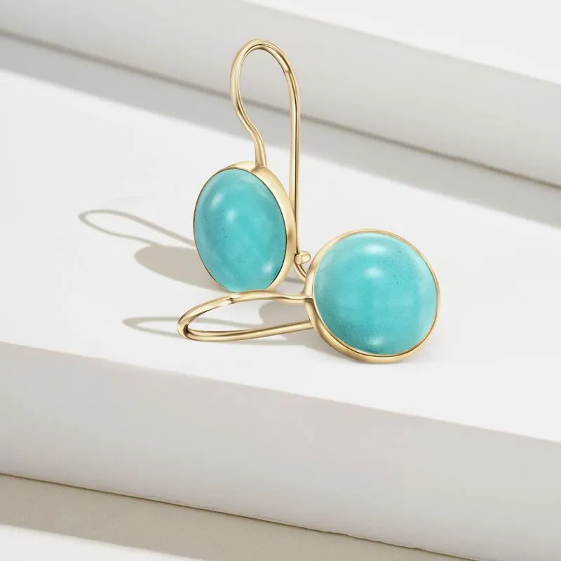 14K Yellow Gold Round Turquoise 8mm Dangle Earrings