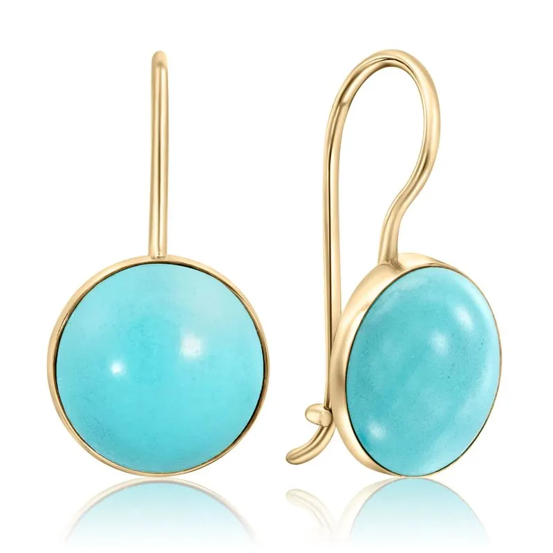 14K Yellow Gold Round Turquoise 8mm Dangle Earrings