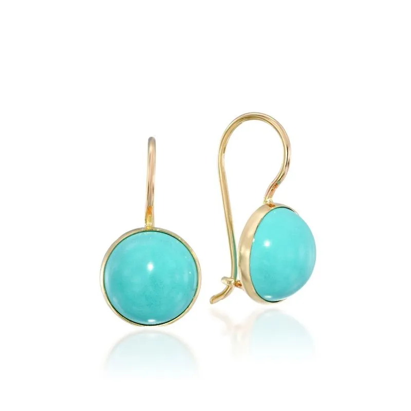 14K Yellow Gold Round Turquoise 8mm Dangle Earrings