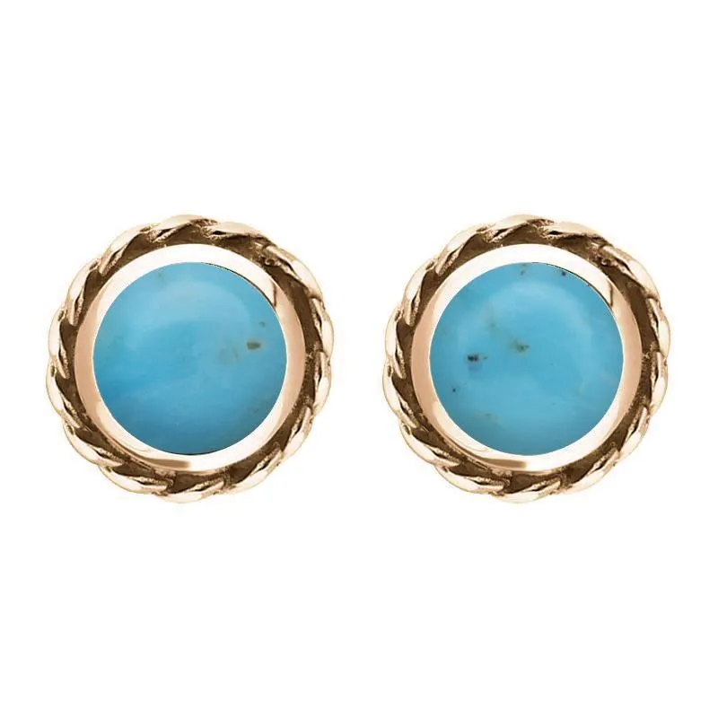 18ct Rose Gold Turquoise Round Twist Edge Stud Earrings