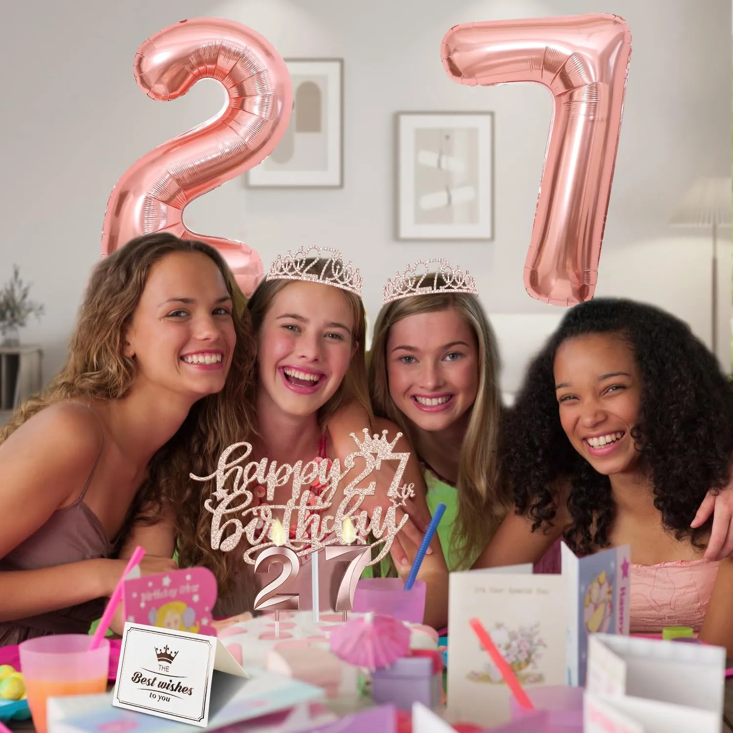 27th Birthday Decorations for Women Including 27th Birthday Sash and Tiara for Women, 27th Birthday Candles and Cake Topper, Numeral 27 Balloons, Rose Gold 27th Birthday Gifts for Women