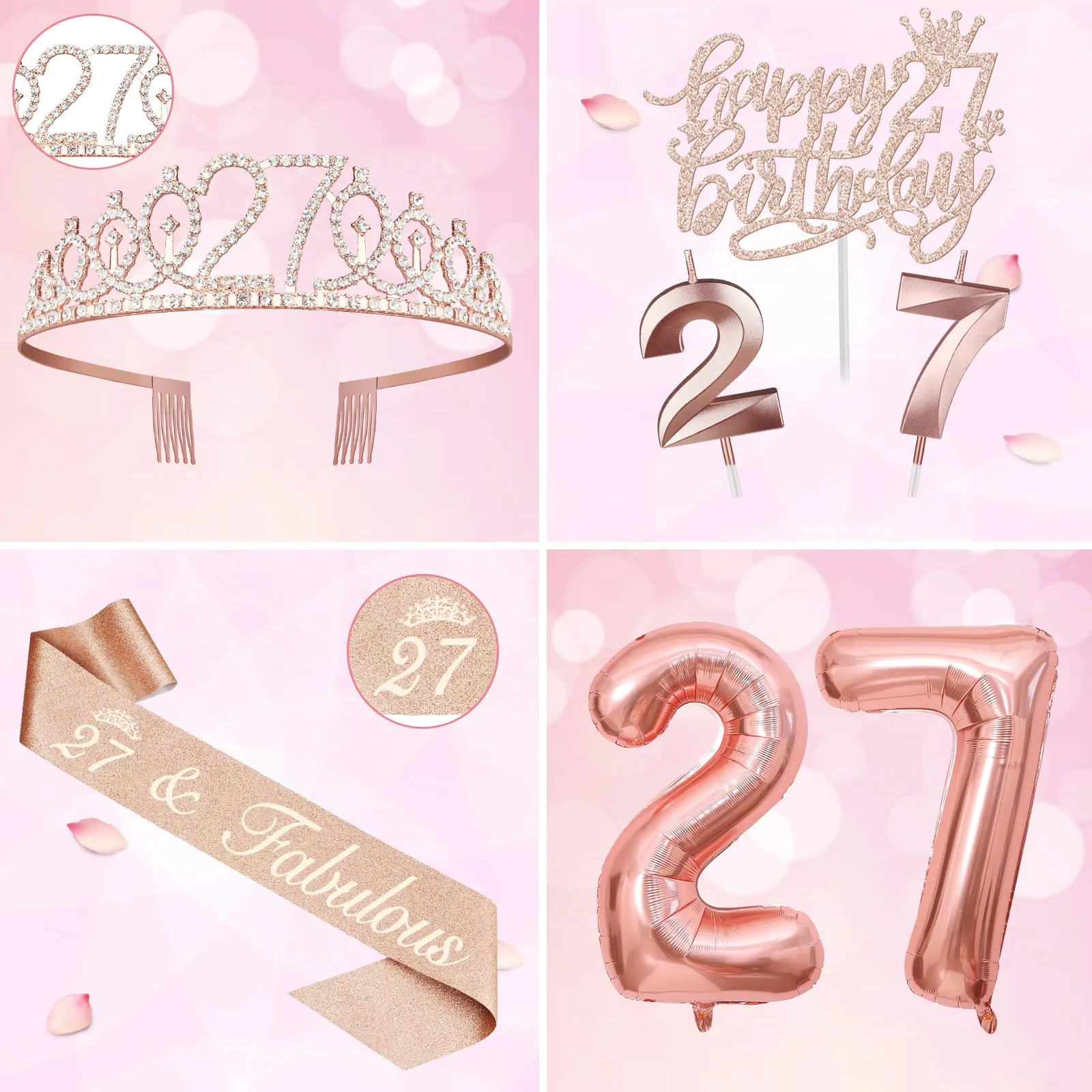 27th Birthday Decorations for Women Including 27th Birthday Sash and Tiara for Women, 27th Birthday Candles and Cake Topper, Numeral 27 Balloons, Rose Gold 27th Birthday Gifts for Women