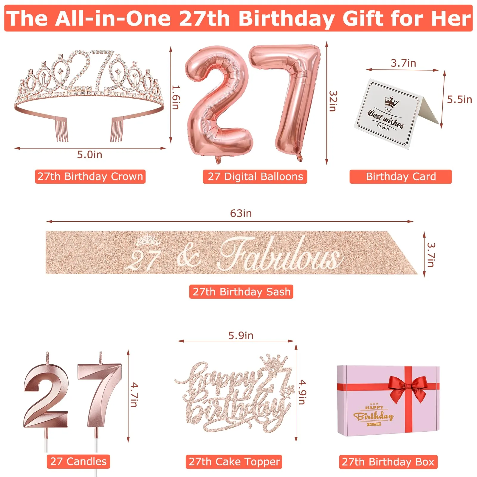 27th Birthday Decorations for Women Including 27th Birthday Sash and Tiara for Women, 27th Birthday Candles and Cake Topper, Numeral 27 Balloons, Rose Gold 27th Birthday Gifts for Women