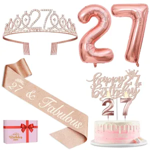 27th Birthday Decorations for Women Including 27th Birthday Sash and Tiara for Women, 27th Birthday Candles and Cake Topper, Numeral 27 Balloons, Rose Gold 27th Birthday Gifts for Women