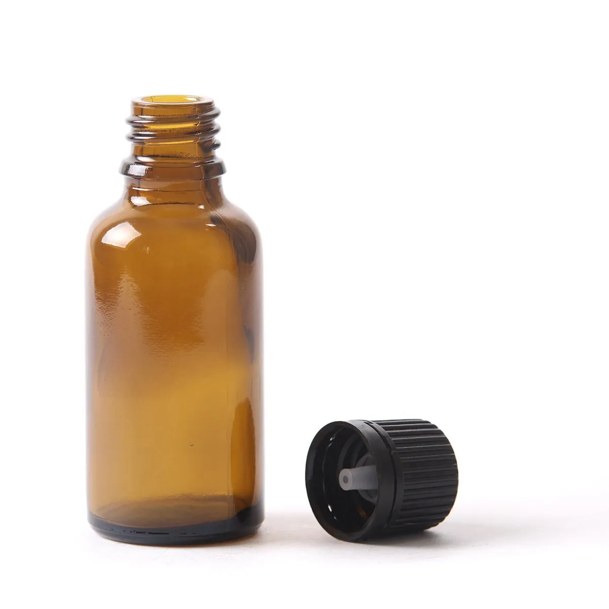 30ml Amber Glass Boston Round Bottle (With Black Tamper Evident Cap)