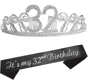 32nd Birthday Gifts for Girl, 32nd Birthday Tiara and Sash, HAPPY 32nd Birthday Party