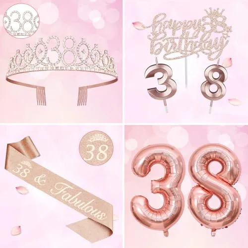 38th Birthday Decorations for Women Including 38th Birthday Sash, Tiara/Crown, Numeral 38 Candles and Cake Topper, Rose Gold 38 Balloons, 38 Birthday Gifts for Women Decorations Favor Supplies