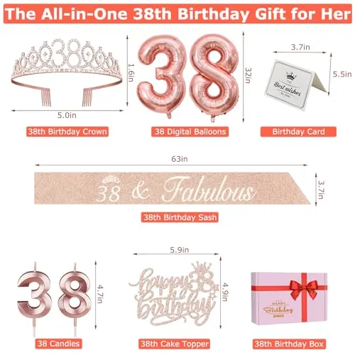 38th Birthday Decorations for Women Including 38th Birthday Sash, Tiara/Crown, Numeral 38 Candles and Cake Topper, Rose Gold 38 Balloons, 38 Birthday Gifts for Women Decorations Favor Supplies