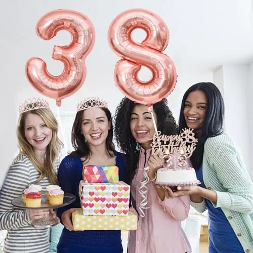 38th Birthday Decorations for Women Including 38th Birthday Sash, Tiara/Crown, Numeral 38 Candles and Cake Topper, Rose Gold 38 Balloons, 38 Birthday Gifts for Women Decorations Favor Supplies