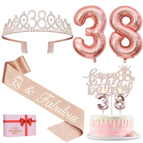 38th Birthday Decorations for Women Including 38th Birthday Sash, Tiara/Crown, Numeral 38 Candles and Cake Topper, Rose Gold 38 Balloons, 38 Birthday Gifts for Women Decorations Favor Supplies