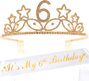 6th Birthday Gifts for Girl, 6th Birthday Tiara and Sash Gold, HAPPY 6th Birthday Party