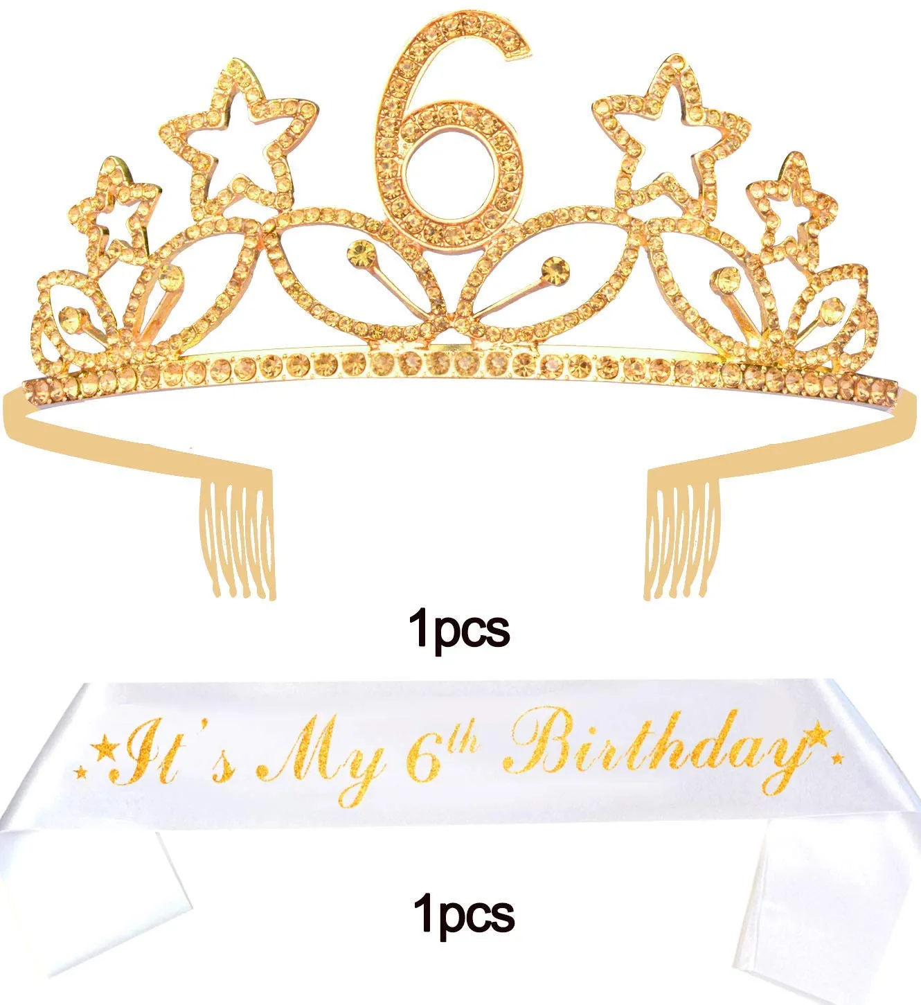 6th Birthday Gifts for Girl, 6th Birthday Tiara and Sash Gold, HAPPY 6th Birthday Party