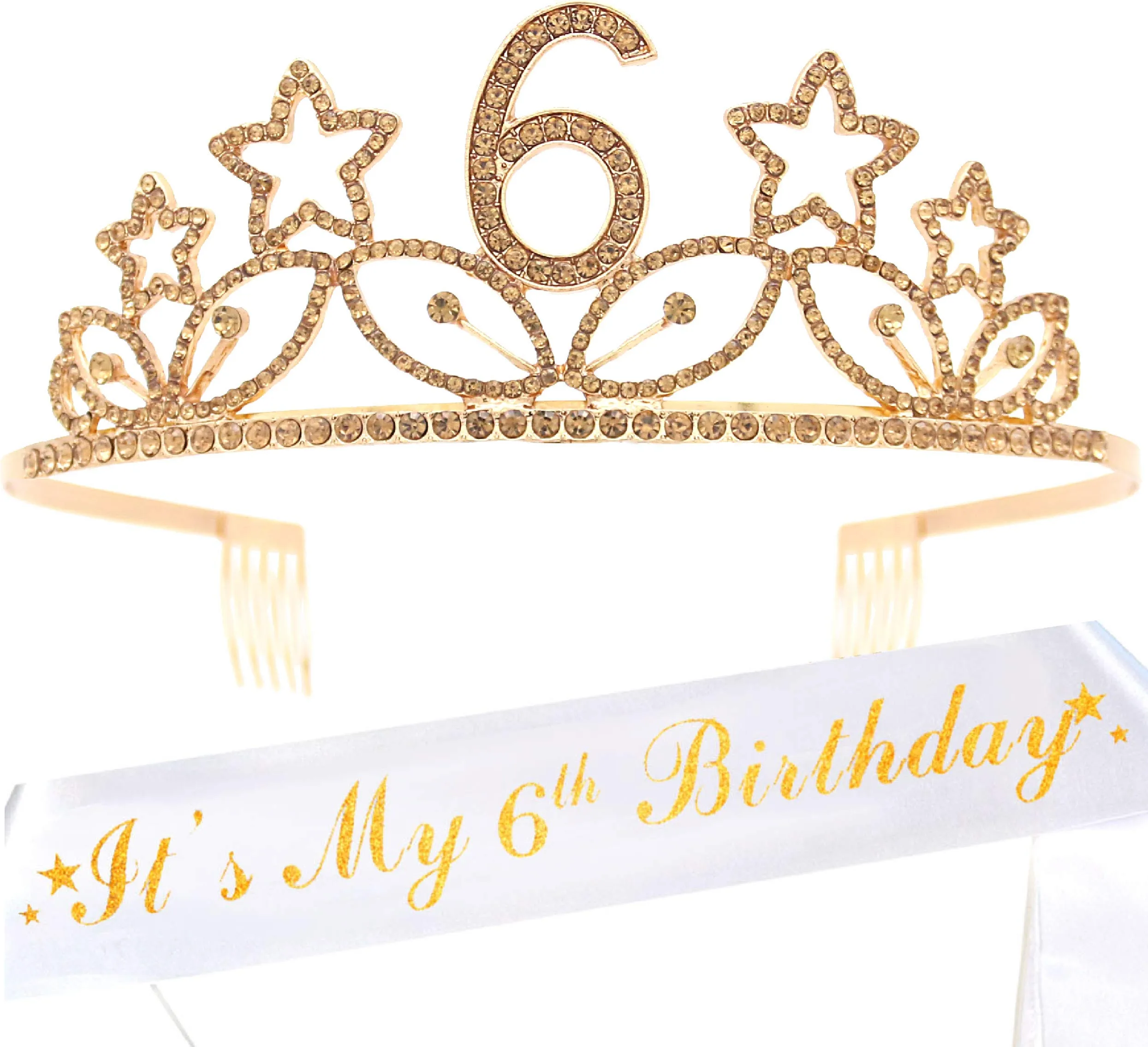 6th Birthday Gifts for Girl, 6th Birthday Tiara and Sash Gold, HAPPY 6th Birthday Party