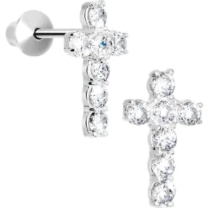 .925 Sterling Silver Clear CZ Cross Youth Screwback Earrings