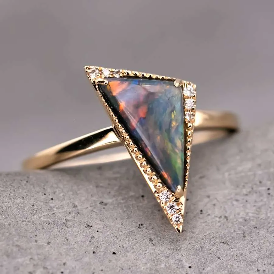 Amazing Color Triangle Black Opal Diamond Engagement Ring 18K Yellow Gold