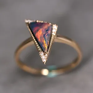 Amazing Color Triangle Black Opal Diamond Engagement Ring 18K Yellow Gold