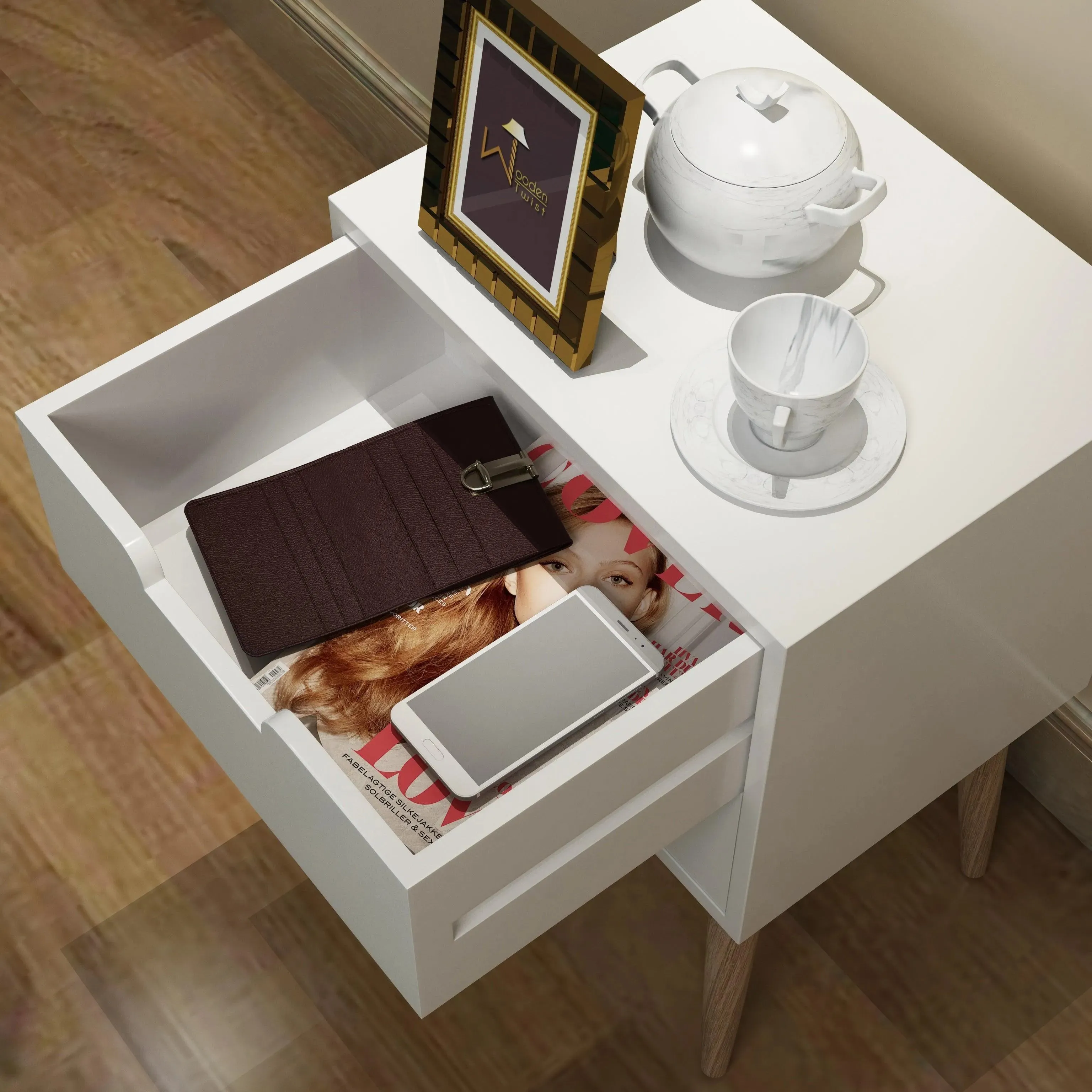 Amazing Nightstand Bedside Table with Two Drawers (White)