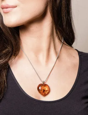 Amber Heart Pendant on Silver Chain