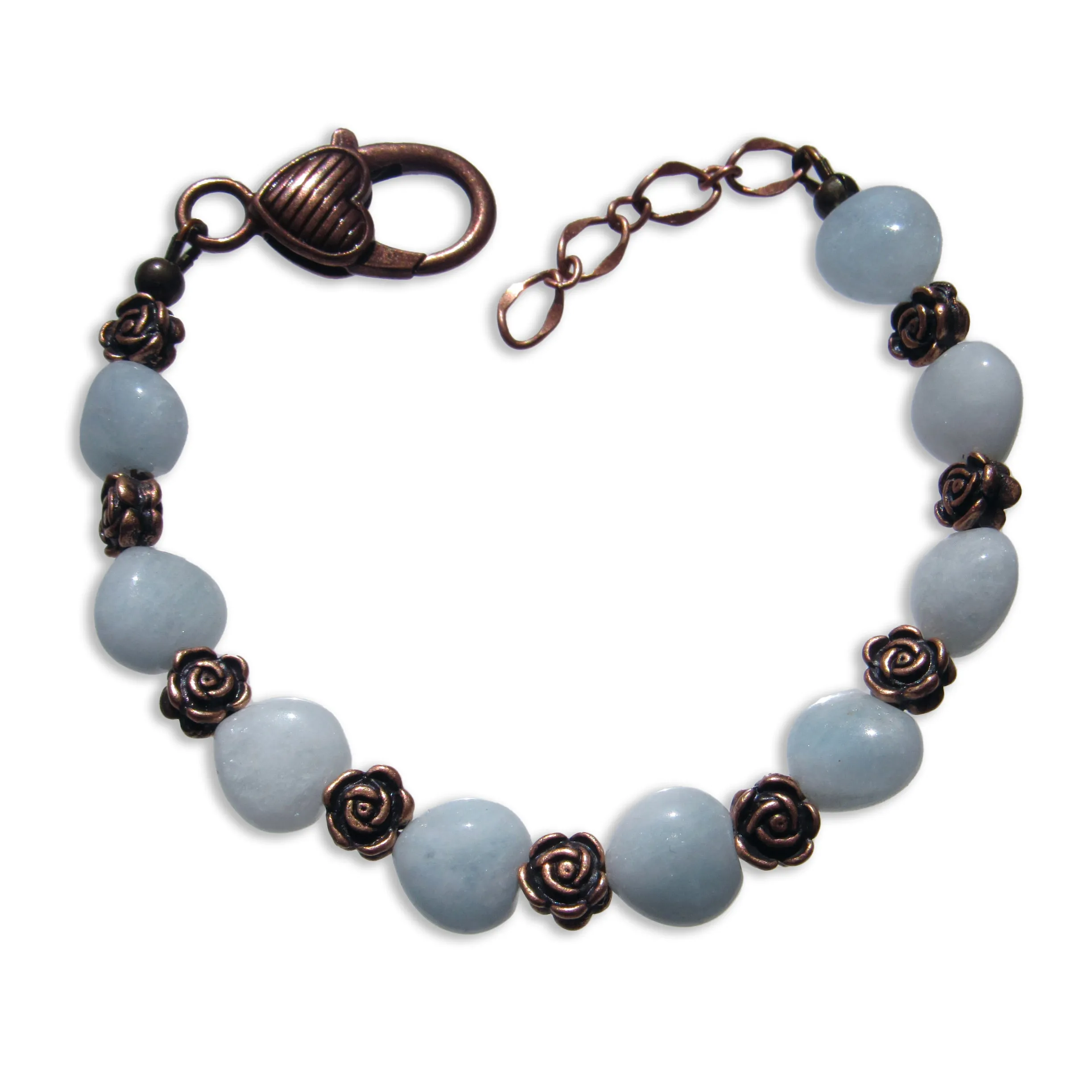 Aquamarine gemstone Heart and Copper Rose Stretch bracelet