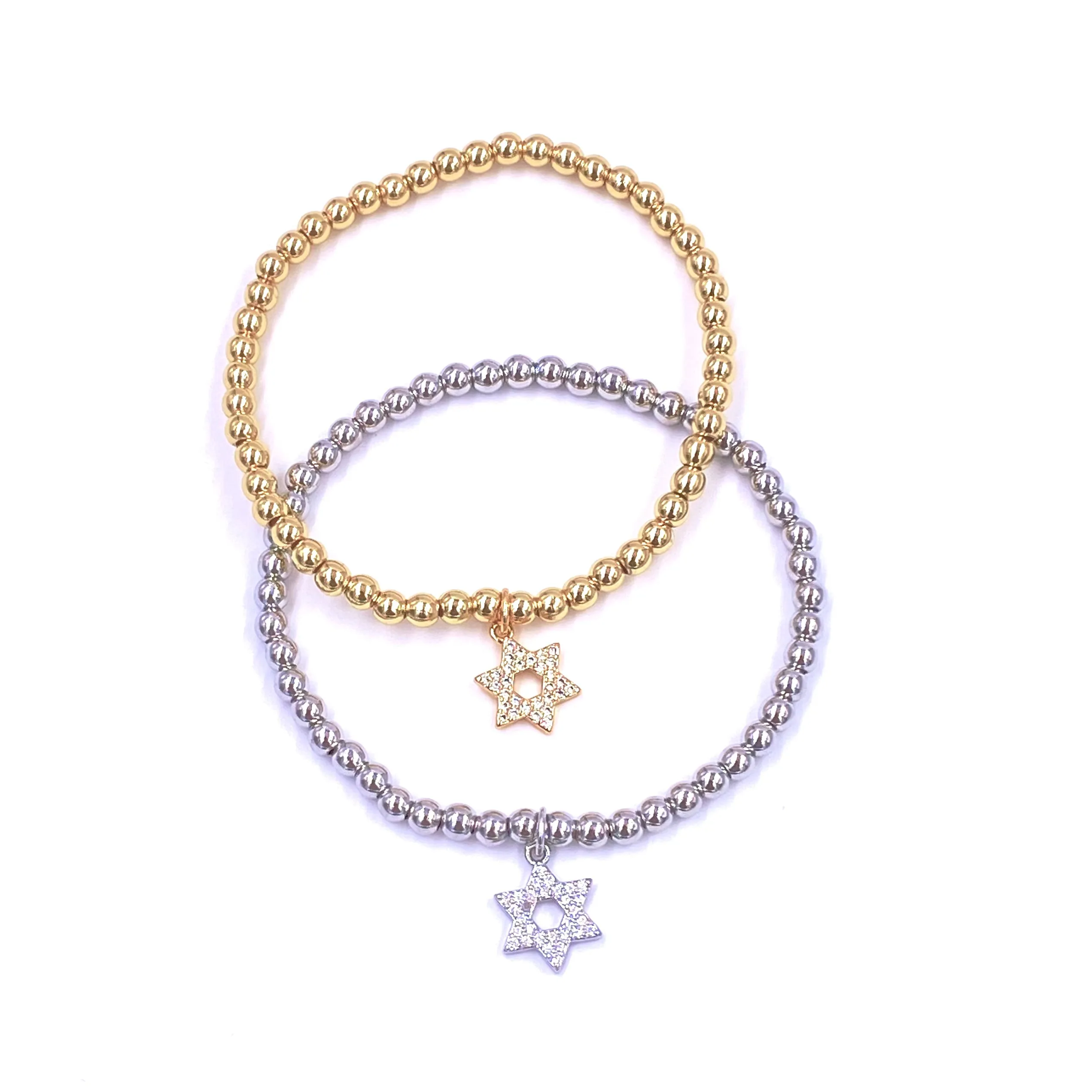 Ashley Gold Stainless Steel Floating CZ Star Charm Stretch Beaded Bracelet