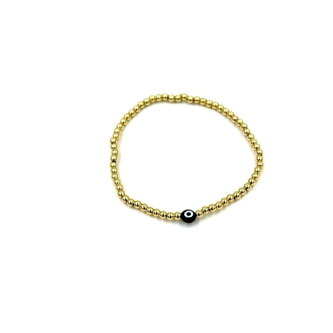 Ashley Gold Stainless Steel Gold Plated Stretch Beaded Ball Single Black Evil Eye Bracelet