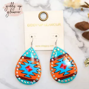 Aztec Teardrop Earrings with AB Crystal Outline in Turquoise