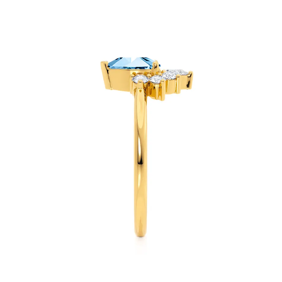 BALLET - Chatham® Pear Aqua Spinel & Diamond Half Halo Tiara Ring 18k Yellow Gold