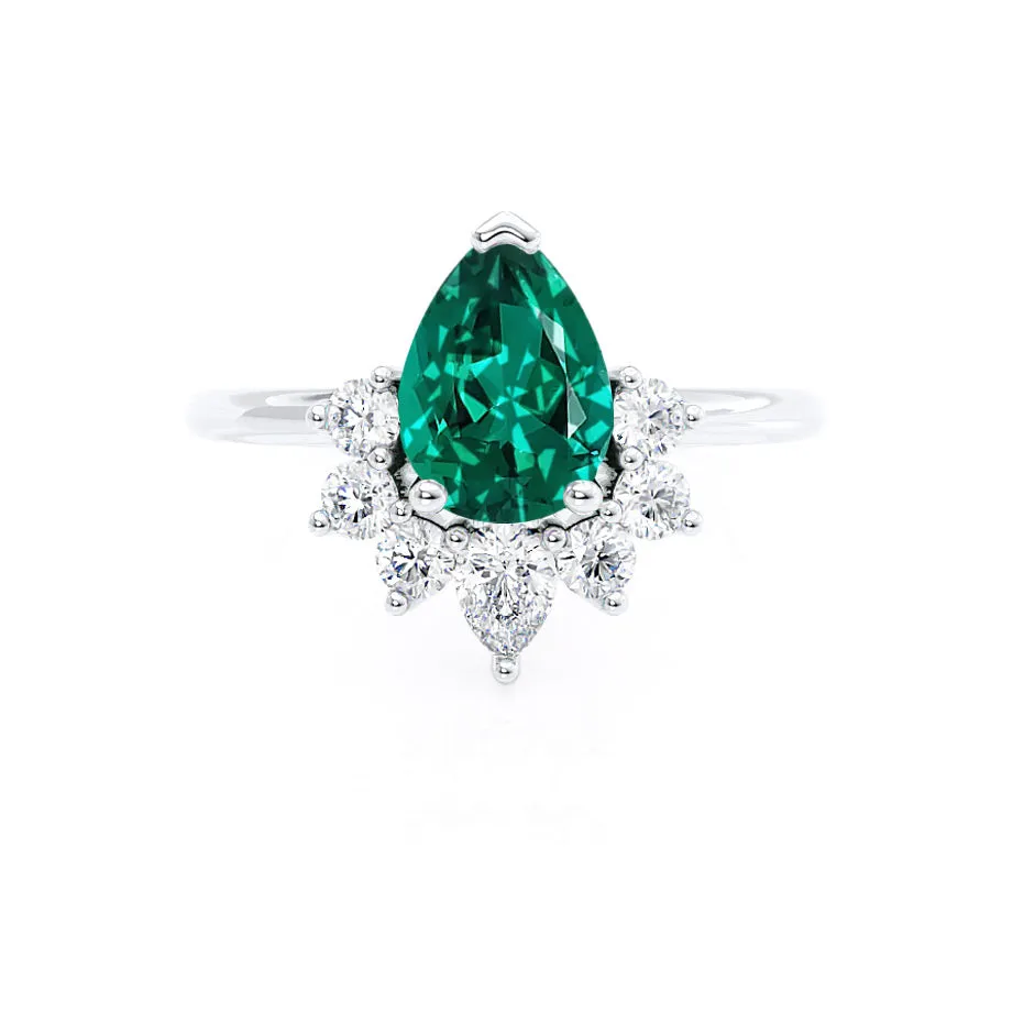 BALLET - Chatham® Pear Emerald & Diamond Half Halo Tiara Ring Platinum 950