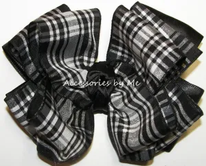 Black White Check Plaid Satin Hair Bow