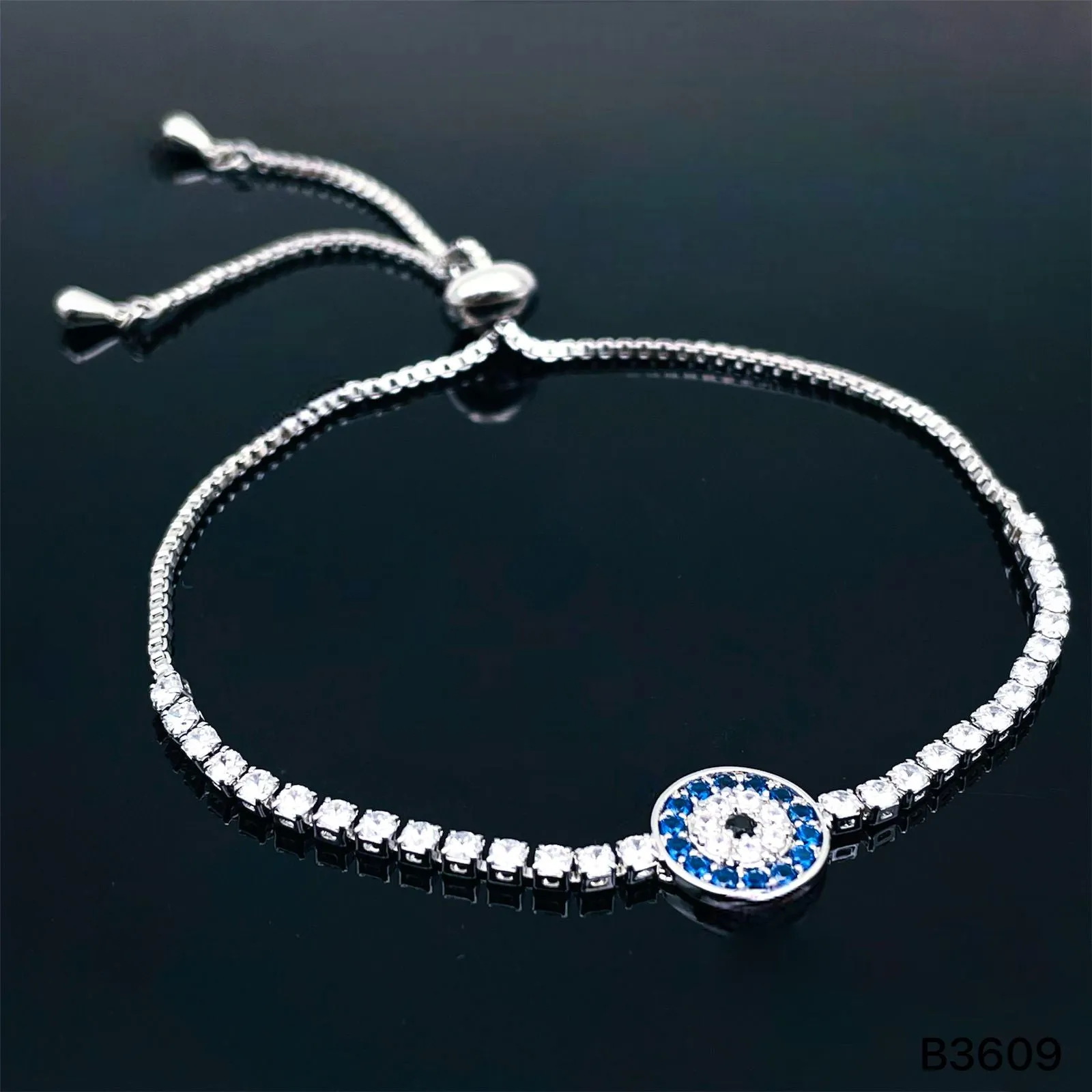 Blue Evil Eye Silver Cubic Zirconia Adjustable Slider Bracelet for Women