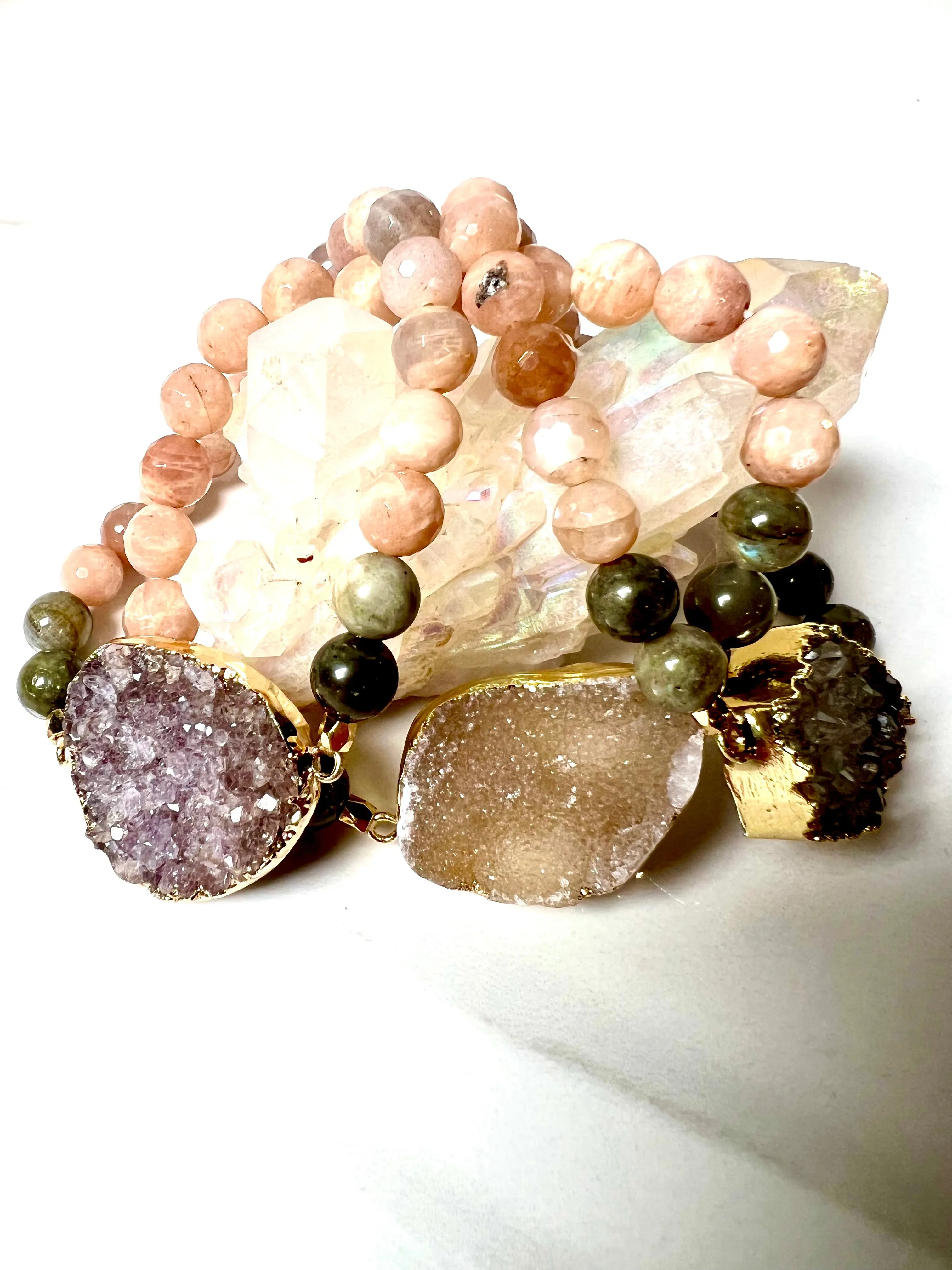 Bracelet Sunstone, and Labradorite with Large Druzy Stone