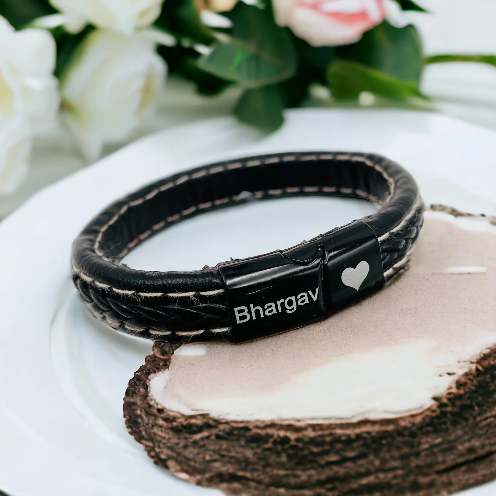 Braided Black Leather Wrist Band Multi Strand Personalized Engraved Bracelet Men