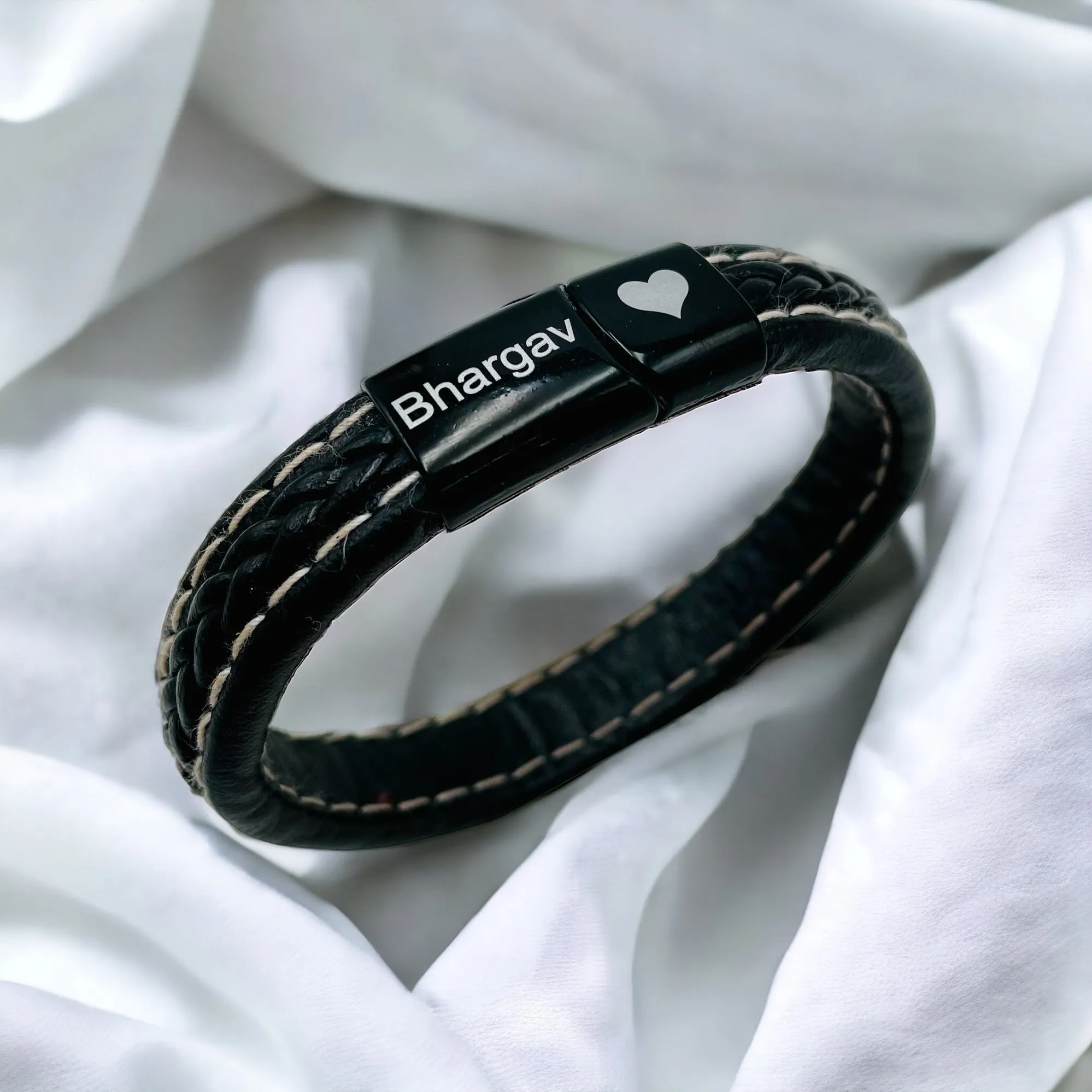 Braided Black Leather Wrist Band Multi Strand Personalized Engraved Bracelet Men