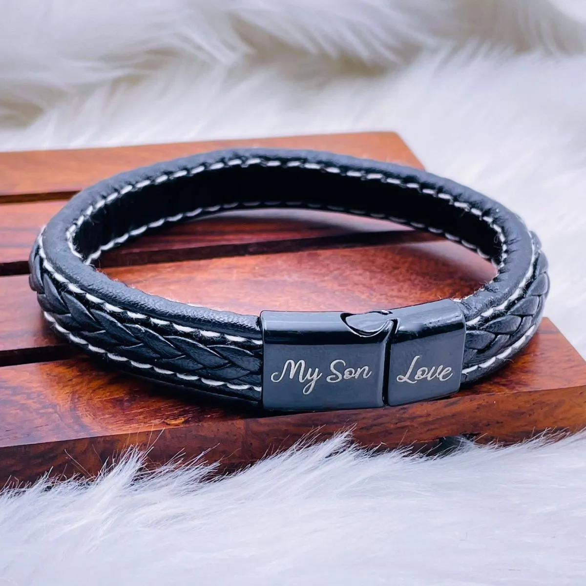 Braided Black Leather Wrist Band Multi Strand Personalized Engraved Bracelet Men