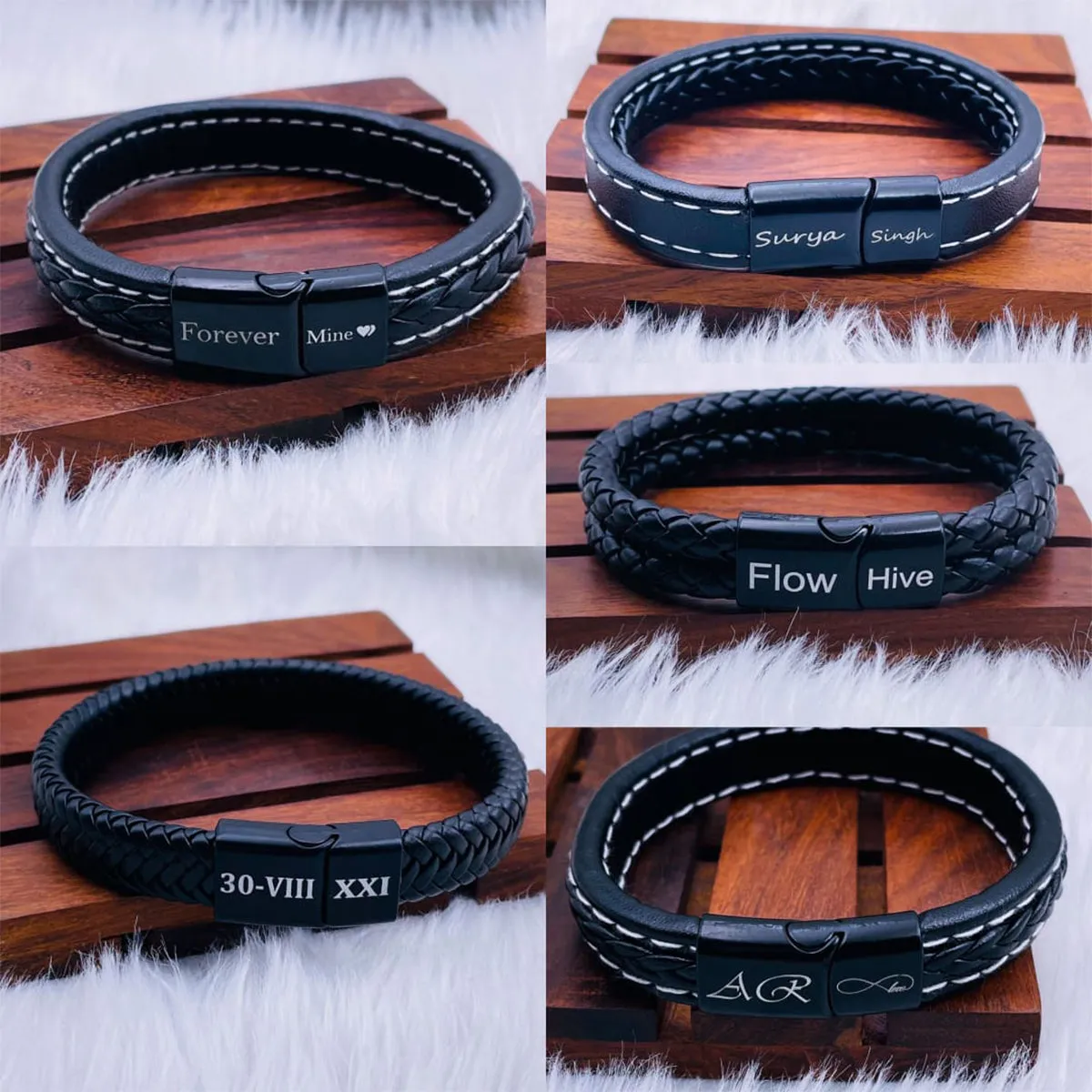 Braided Black Leather Wrist Band Multi Strand Personalized Engraved Bracelet Men