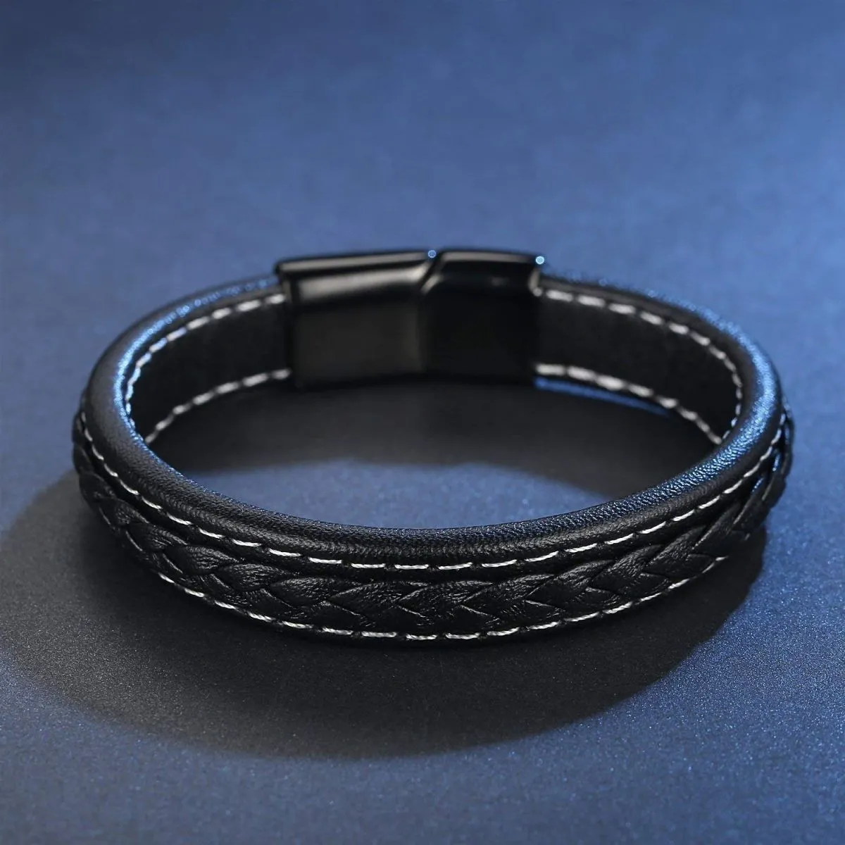 Braided Black Leather Wrist Band Multi Strand Personalized Engraved Bracelet Men