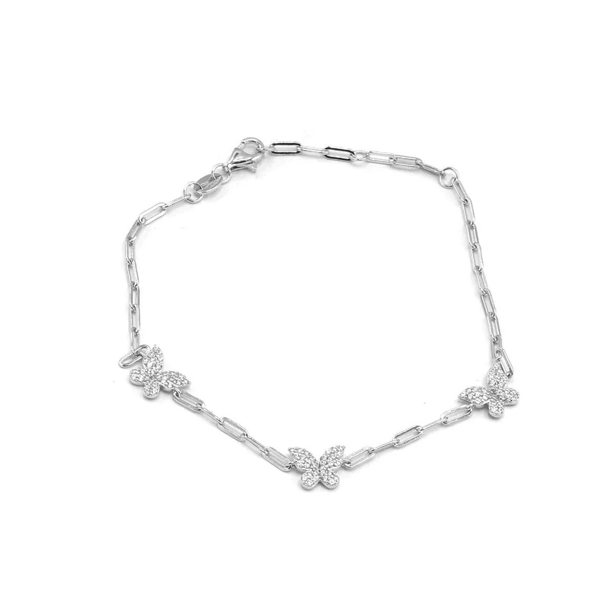 Butterfly Bracelet 925 Sterling Silver Pave Diamond Cubic Zirconia Hypoallergenic Paperclip Three Butterfly Bracelet