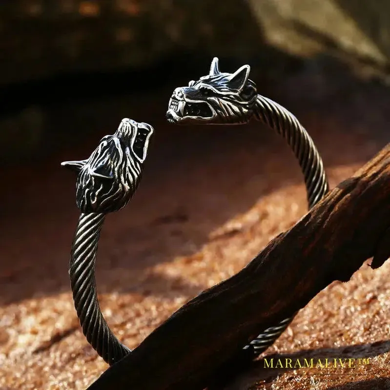 Classic Animal Viking Double Wolf Head Adjustable 316L Stainless Steel Men's Bracelet  Fashion Double Snake Heads Jewelry