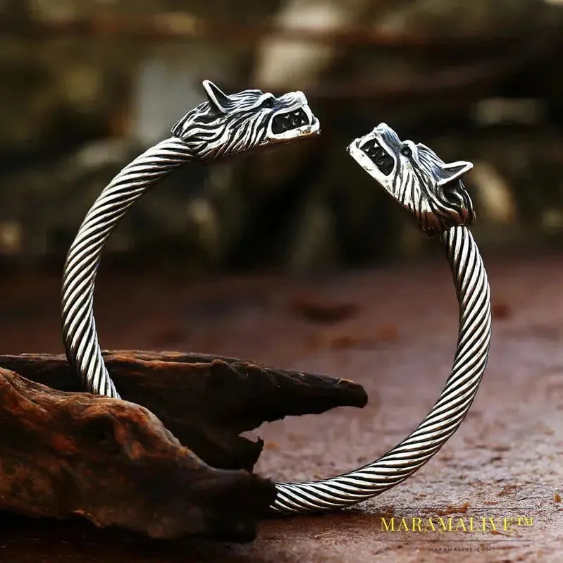 Classic Animal Viking Double Wolf Head Adjustable 316L Stainless Steel Men's Bracelet  Fashion Double Snake Heads Jewelry