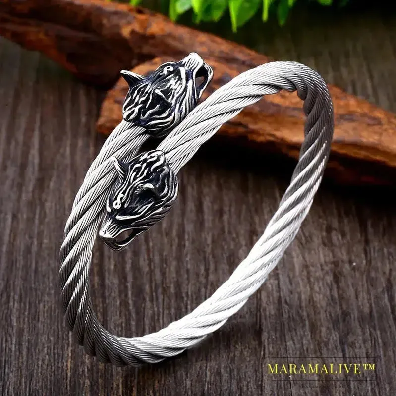 Classic Animal Viking Double Wolf Head Adjustable 316L Stainless Steel Men's Bracelet  Fashion Double Snake Heads Jewelry