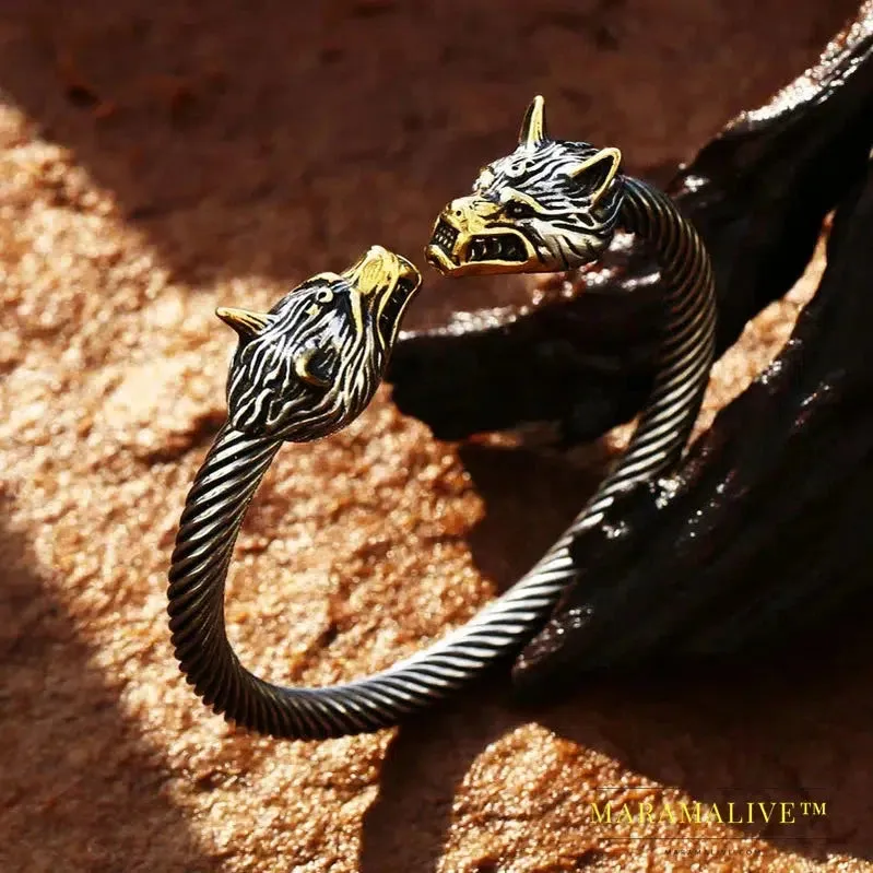 Classic Animal Viking Double Wolf Head Adjustable 316L Stainless Steel Men's Bracelet  Fashion Double Snake Heads Jewelry