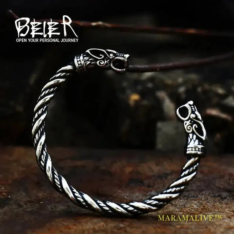 Classic Animal Viking Double Wolf Head Adjustable 316L Stainless Steel Men's Bracelet  Fashion Double Snake Heads Jewelry